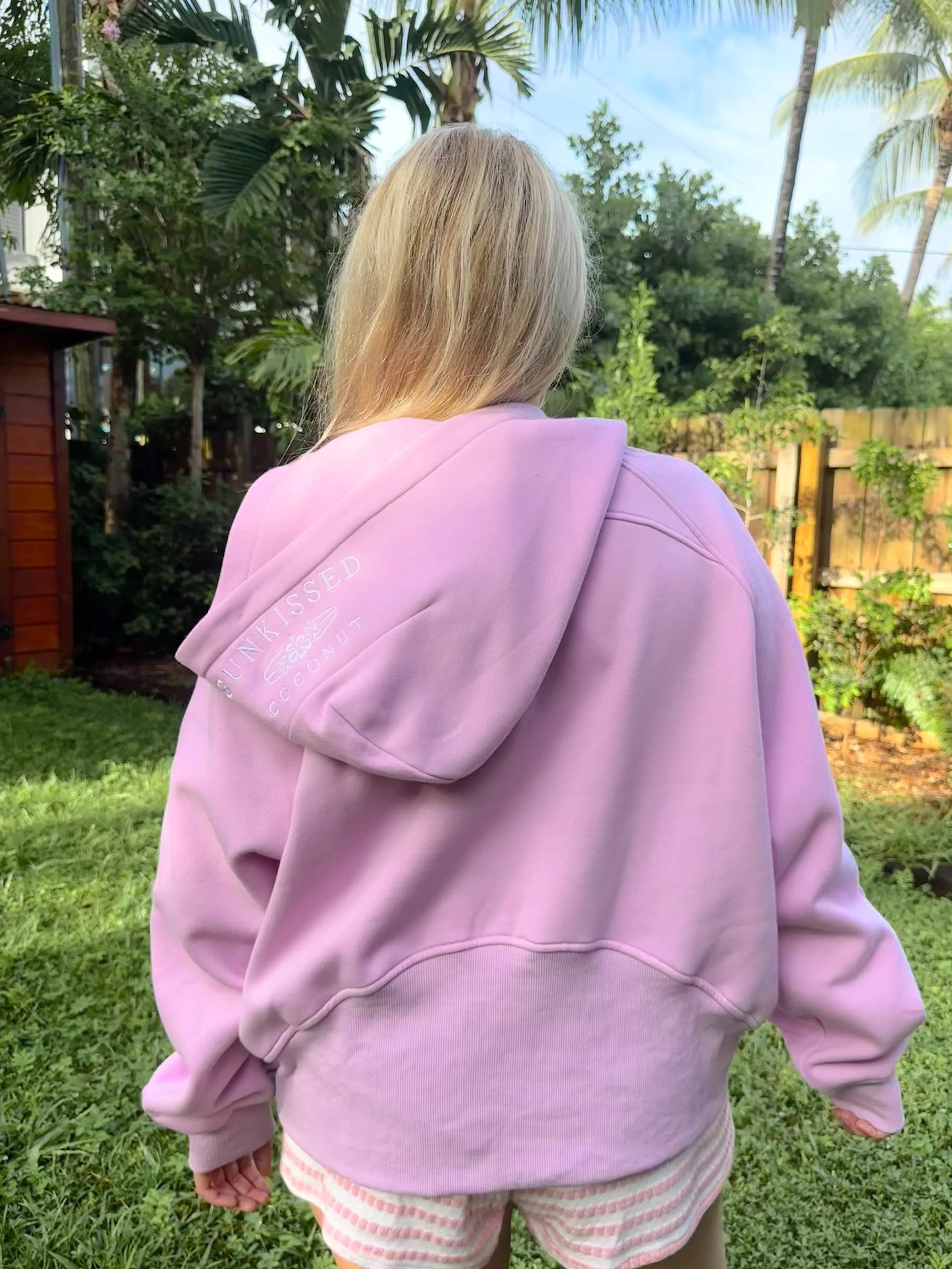 Pink Lavender Pilates Detailed Waist Length Quarter Zip Hoodie