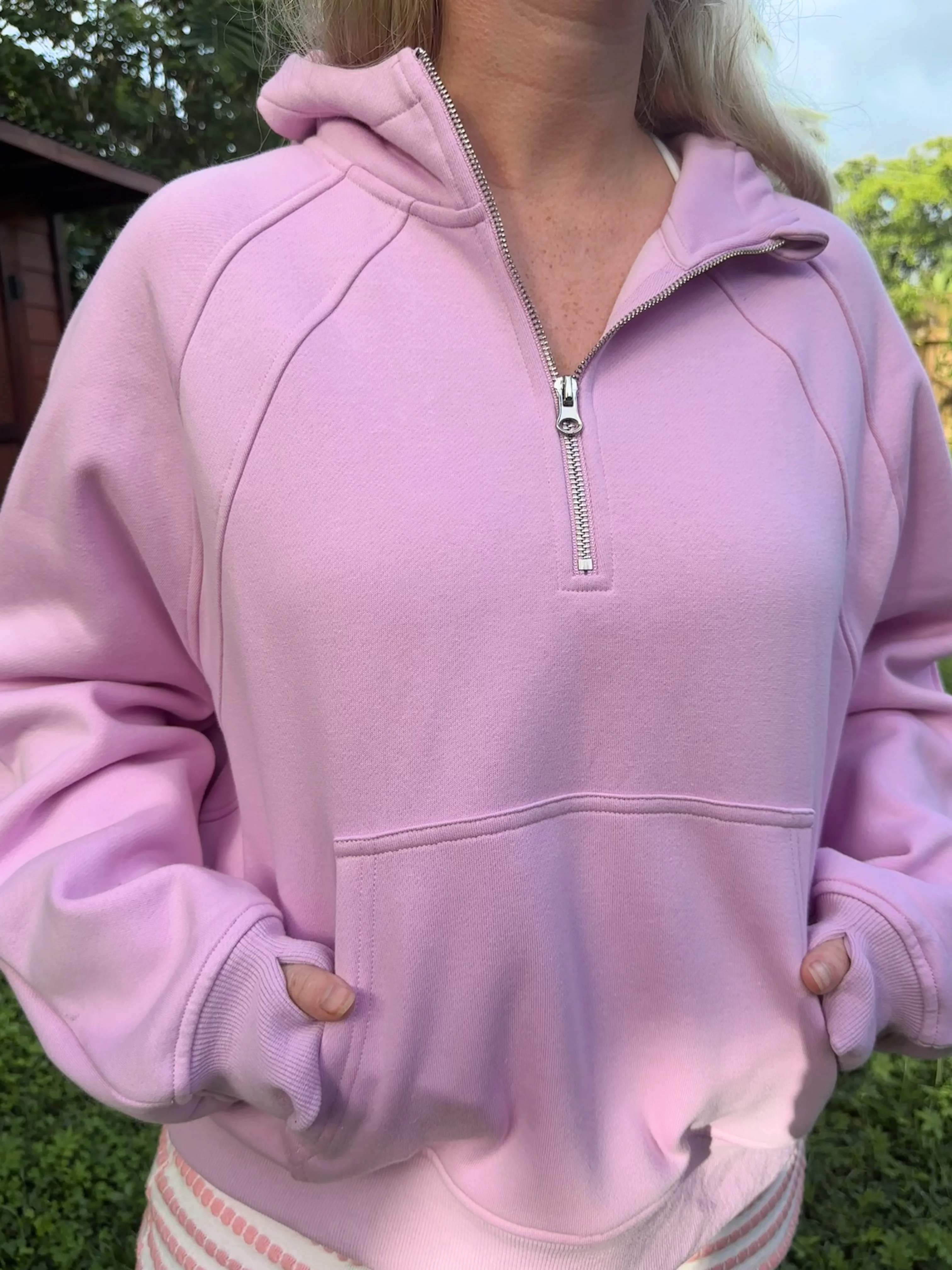 Pink Lavender Pilates Detailed Waist Length Quarter Zip Hoodie - Image 7