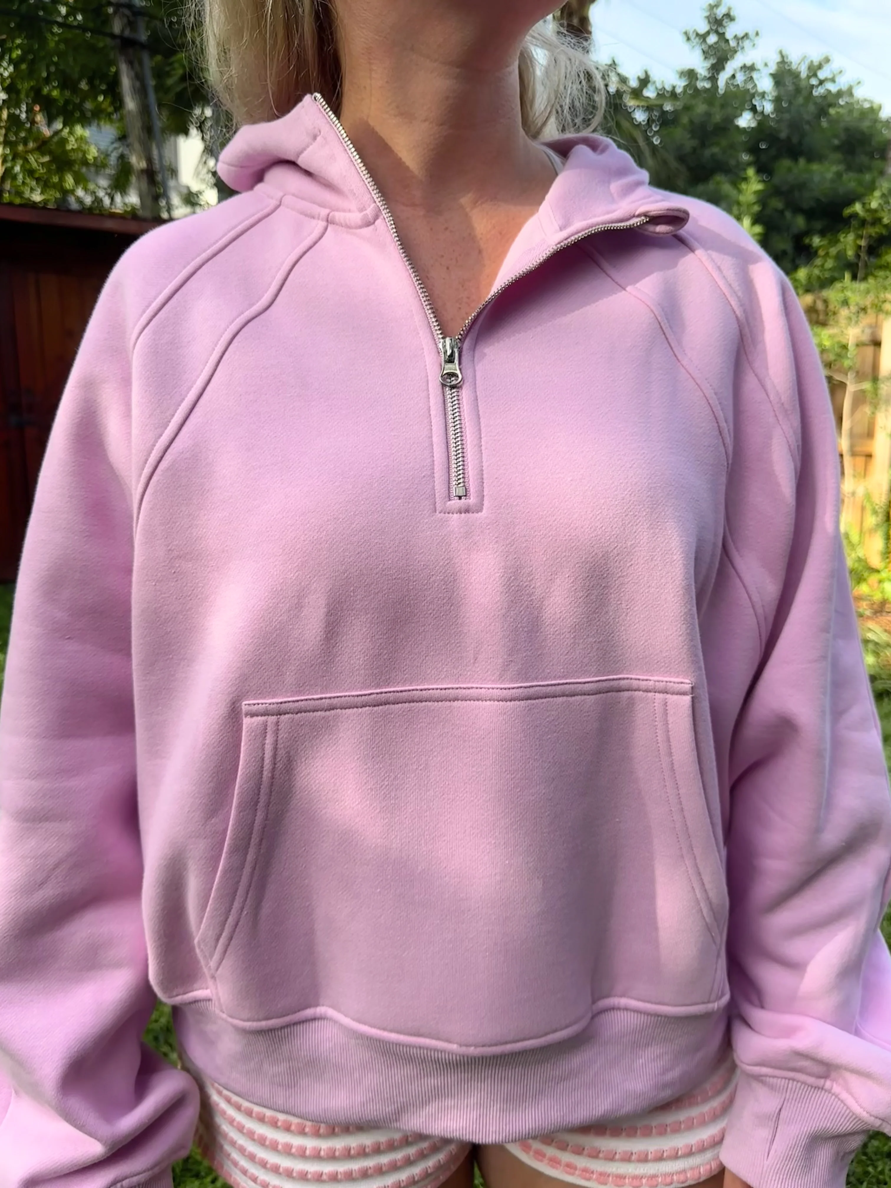 Pink Lavender Pilates Detailed Waist Length Quarter Zip Hoodie - Image 8