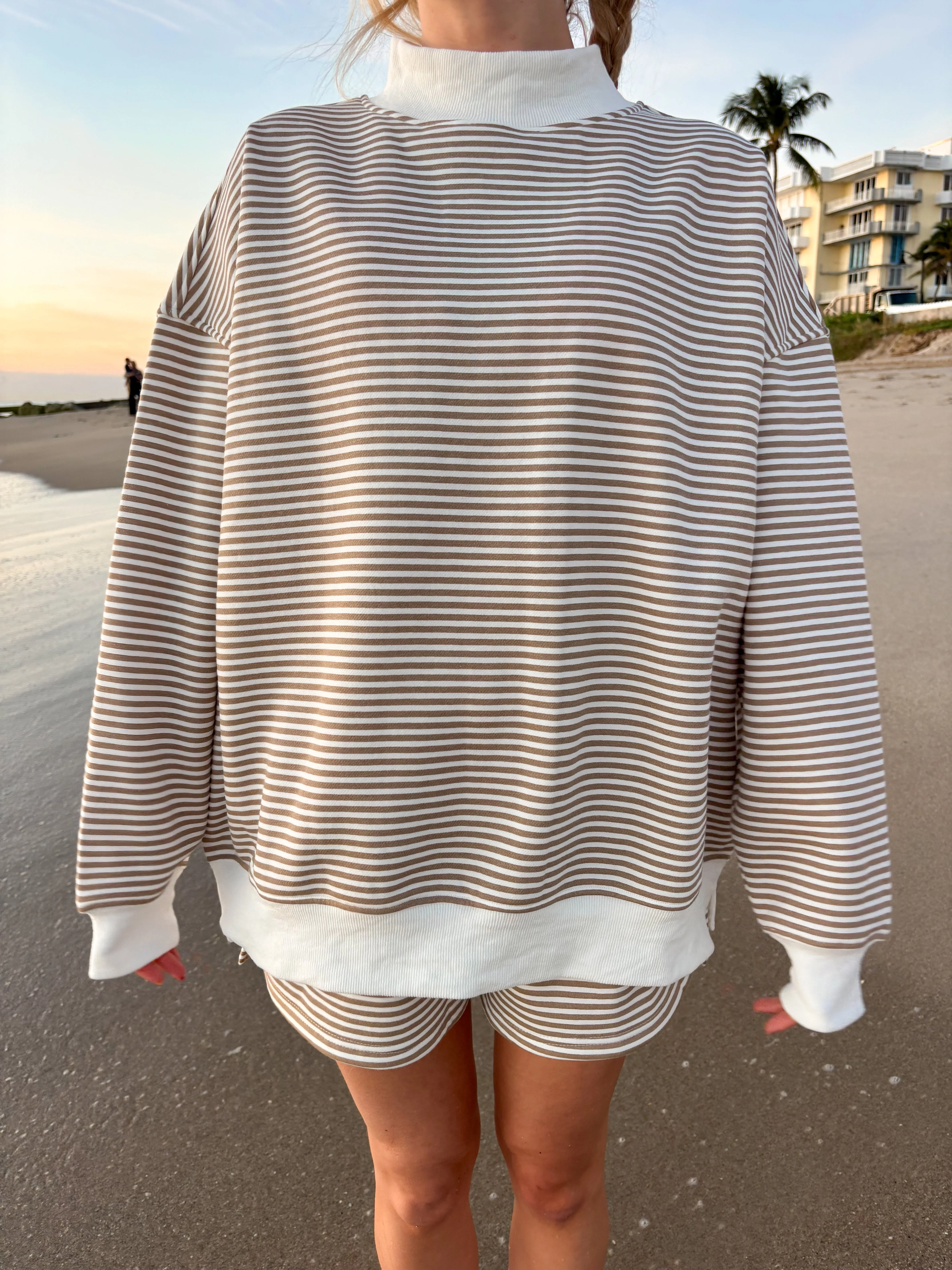 Brown and White Big Striped Mockneck Sweatshirt - Image 2