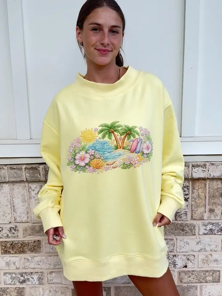 Butter Yellow Seaside Bloom Graphic Mockneck Sweatshirt - Image 4