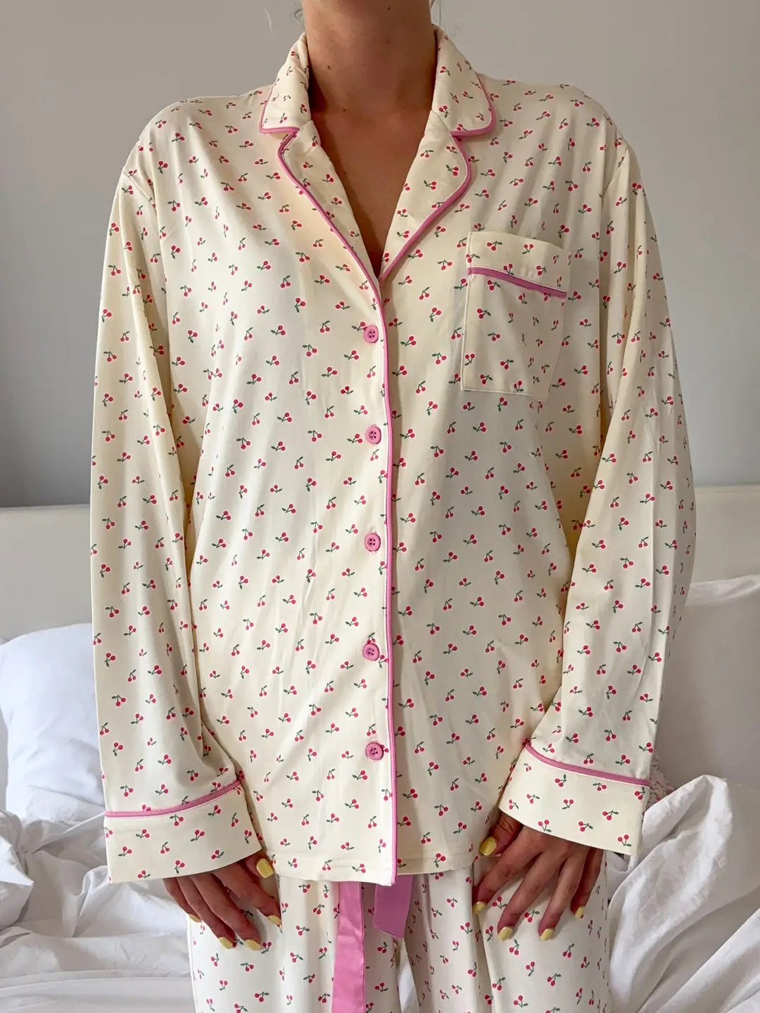 Cherries All Over Long Sleeve Button Up Pajama Top - Image 6