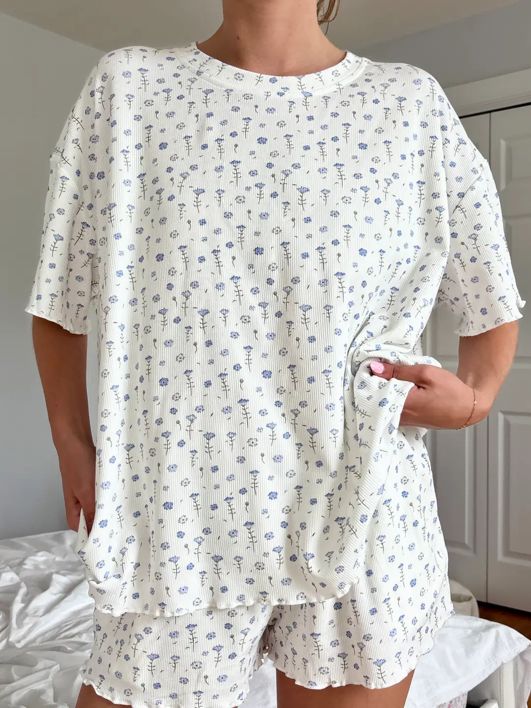 White Ditsy Blue Floral Short Sleeve Pajama Top - Image 4