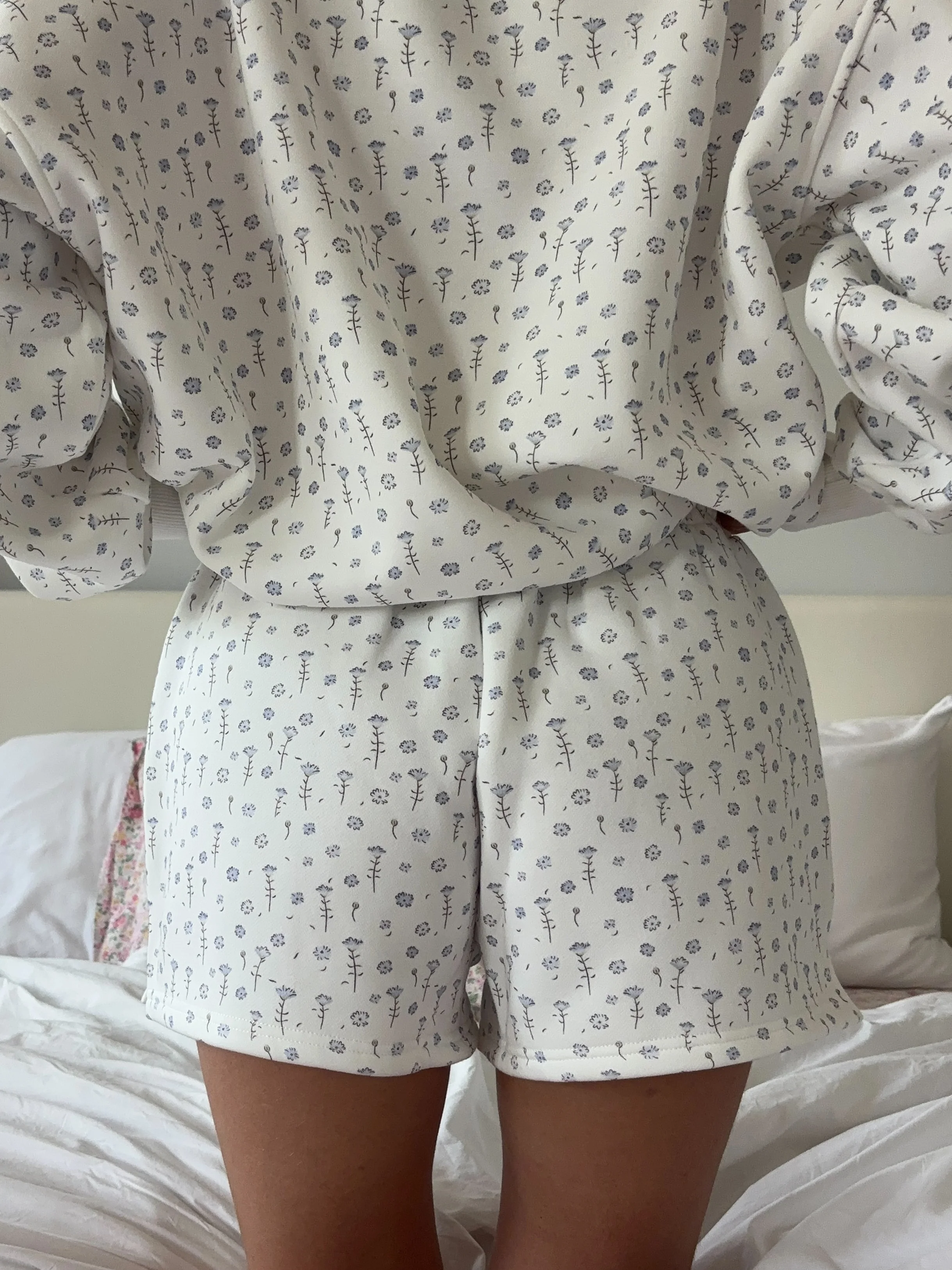 White Ditsy Blue Floral Sweat Shorts - Image 4