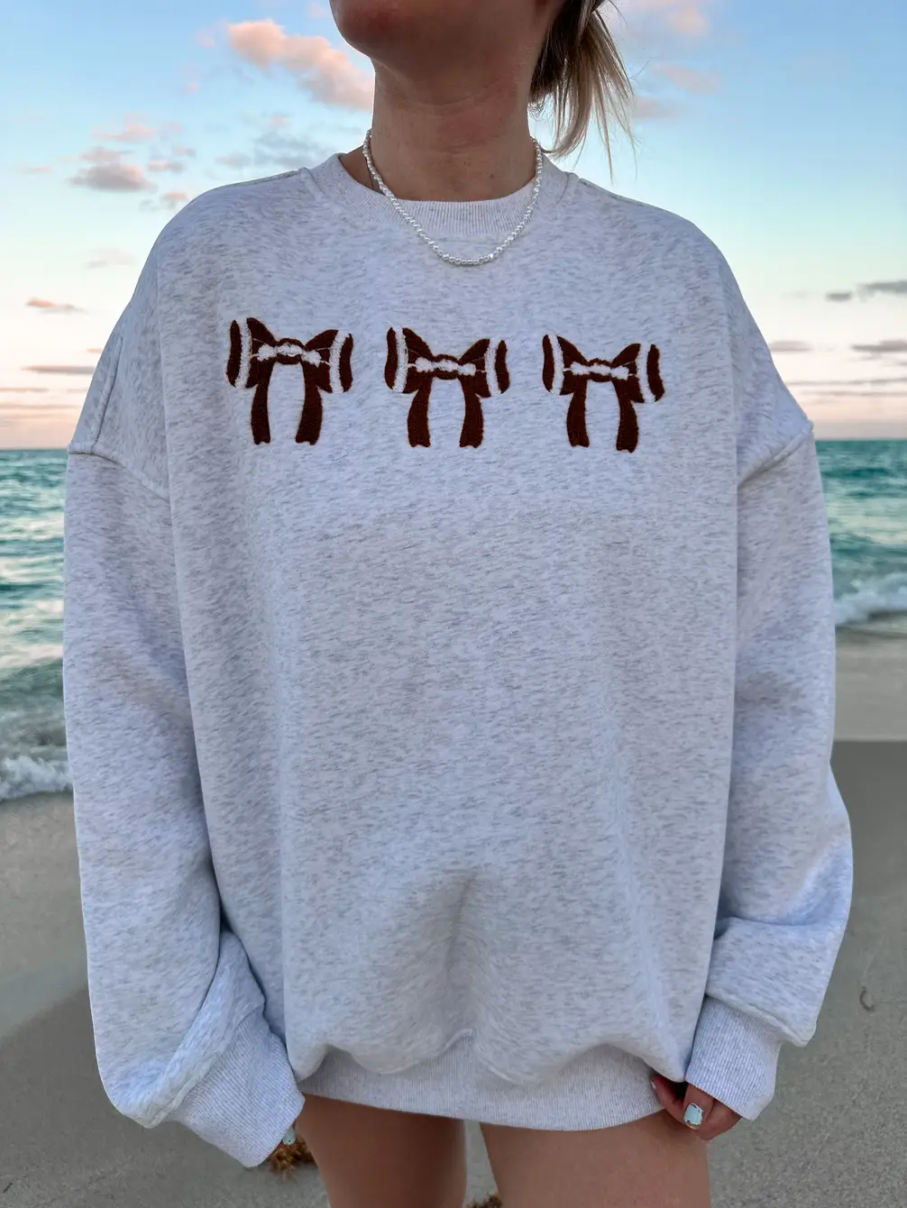 Pearl Grey Football Bows Game Day Embroider Sweatshirt - Image 2
