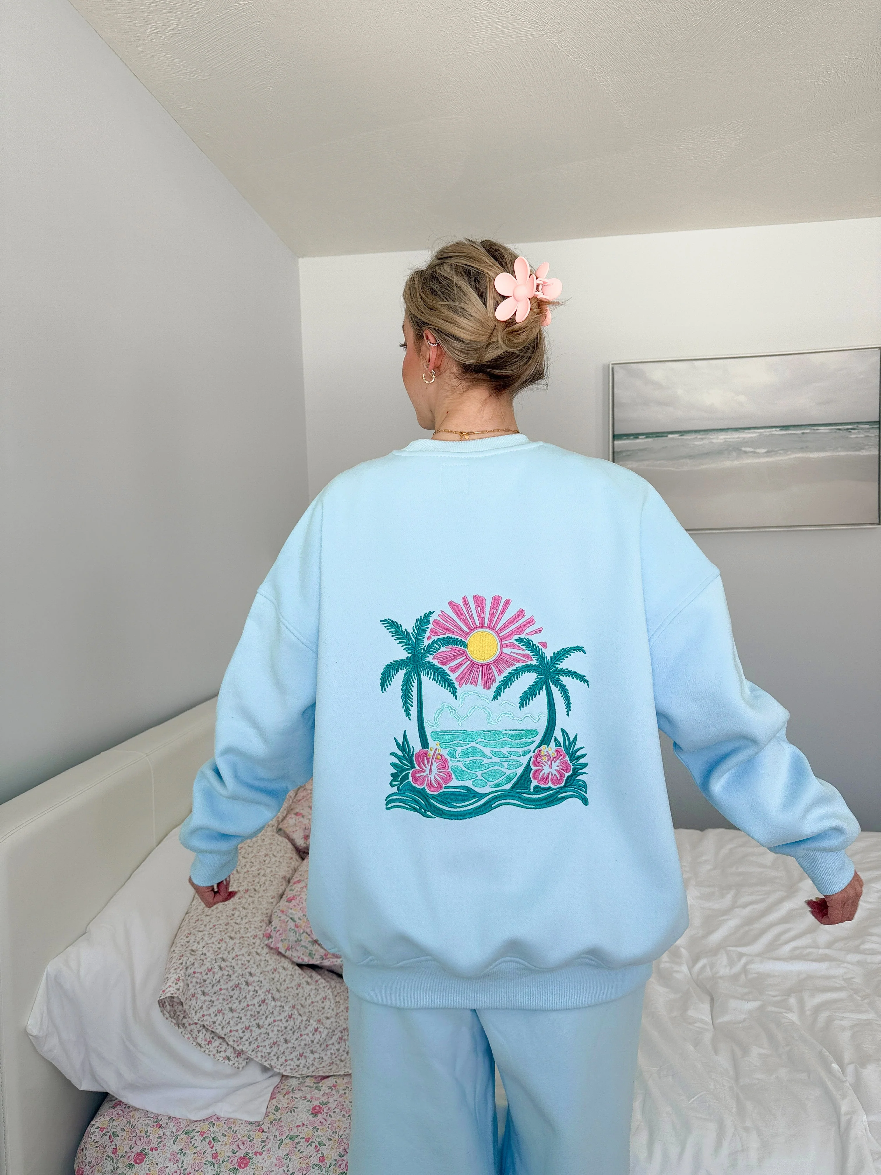 Icy Blue Hibiscus Flower Beach Babe Embroider Sweatshirt - Image 2