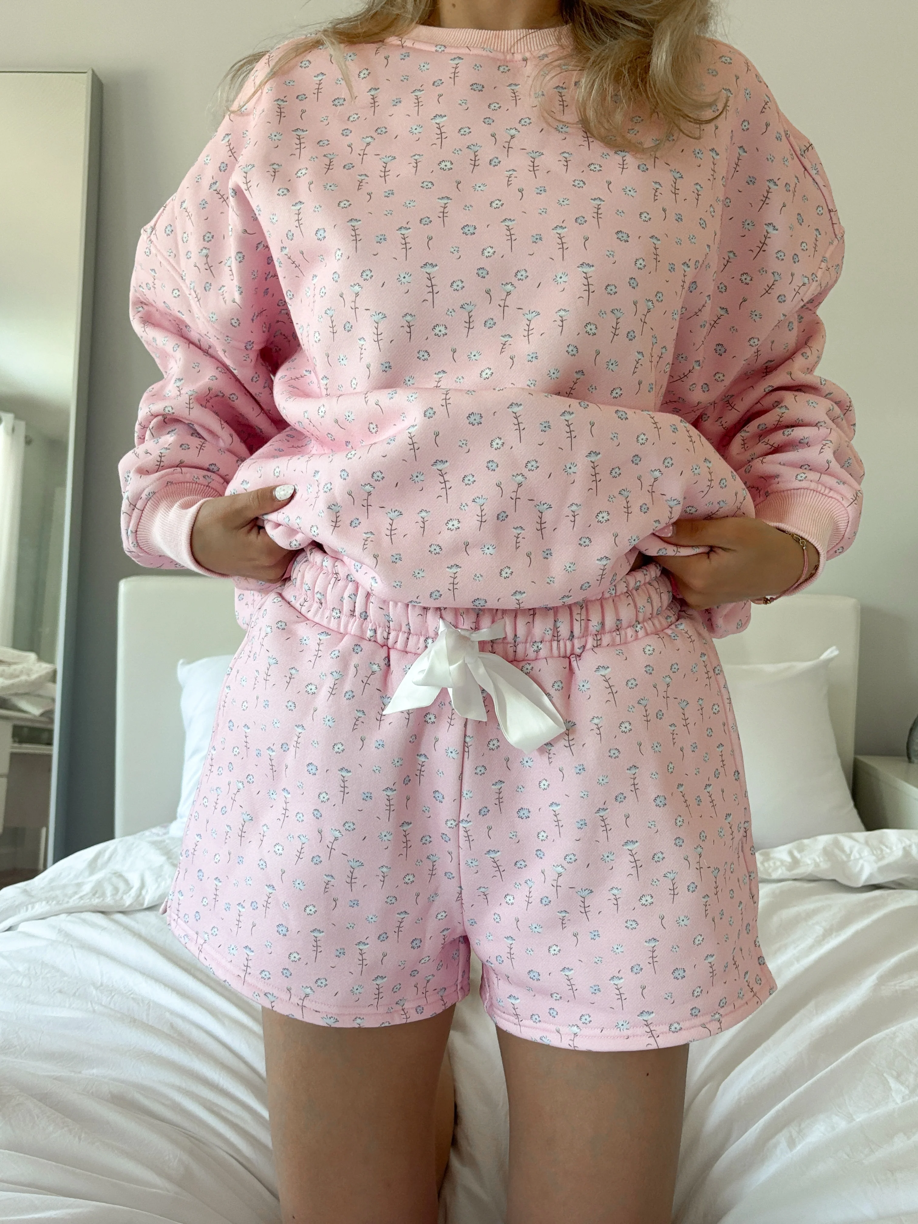 Light Pink Ditsy Blue Floral Sweat Shorts - Image 4