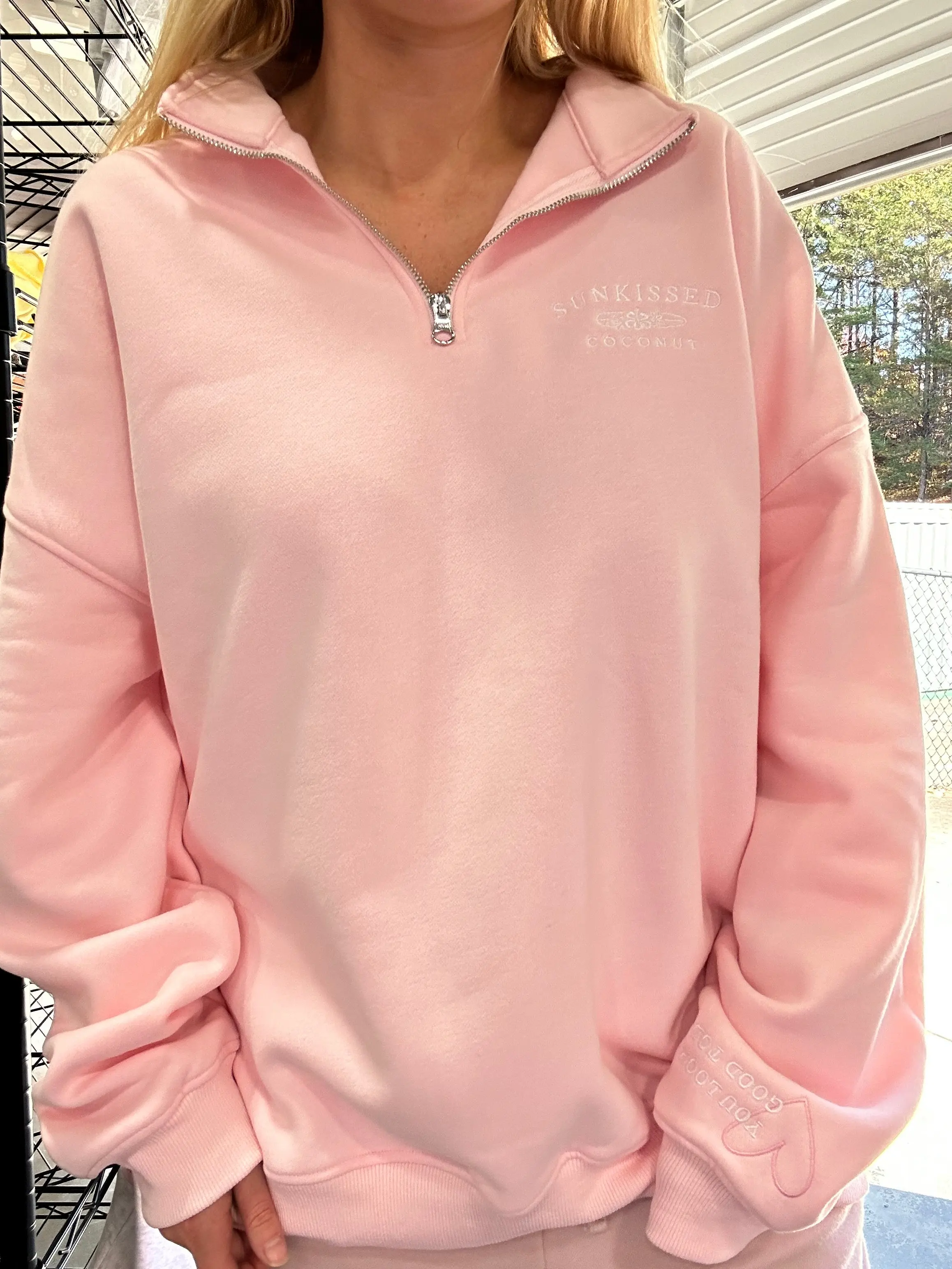 Light Pink Sunkissedcoconut Embroider Quarter-Zip Sweatshirt - Image 3