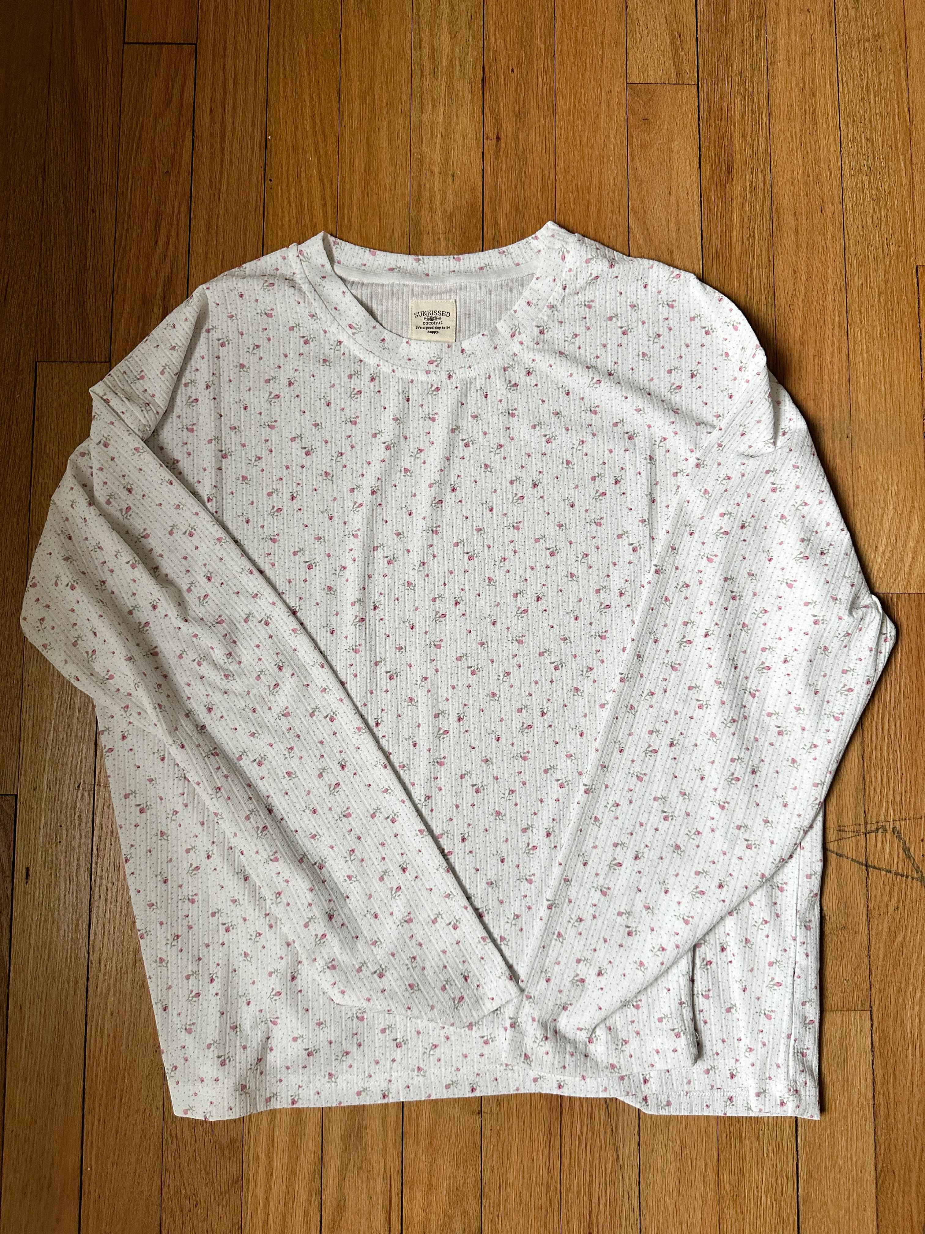 White Floral Long Sleeve Pajama Top - Image 2