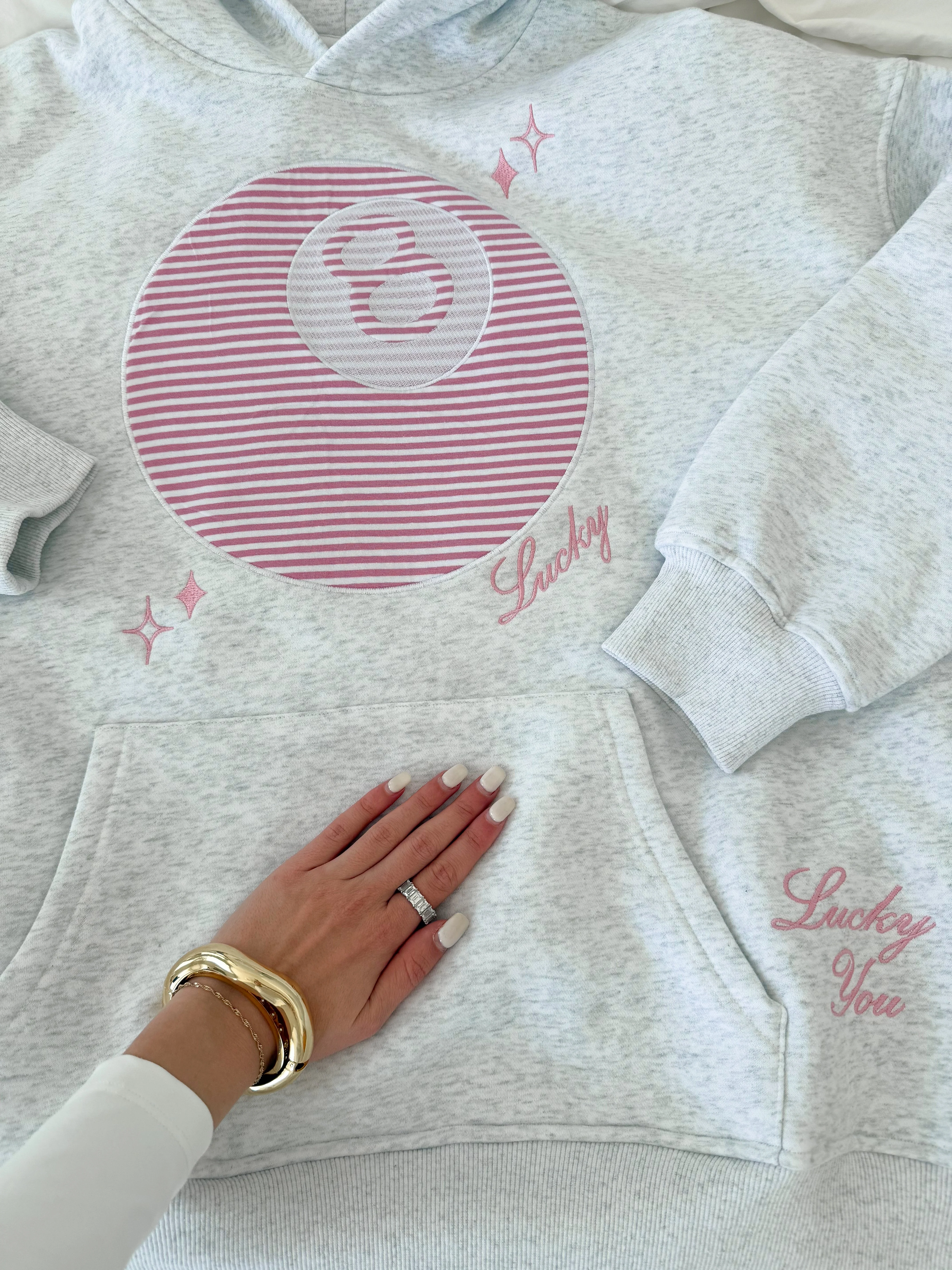 Pearl Grey Lucky You 8 Ball Embroider Hoodie - Image 5
