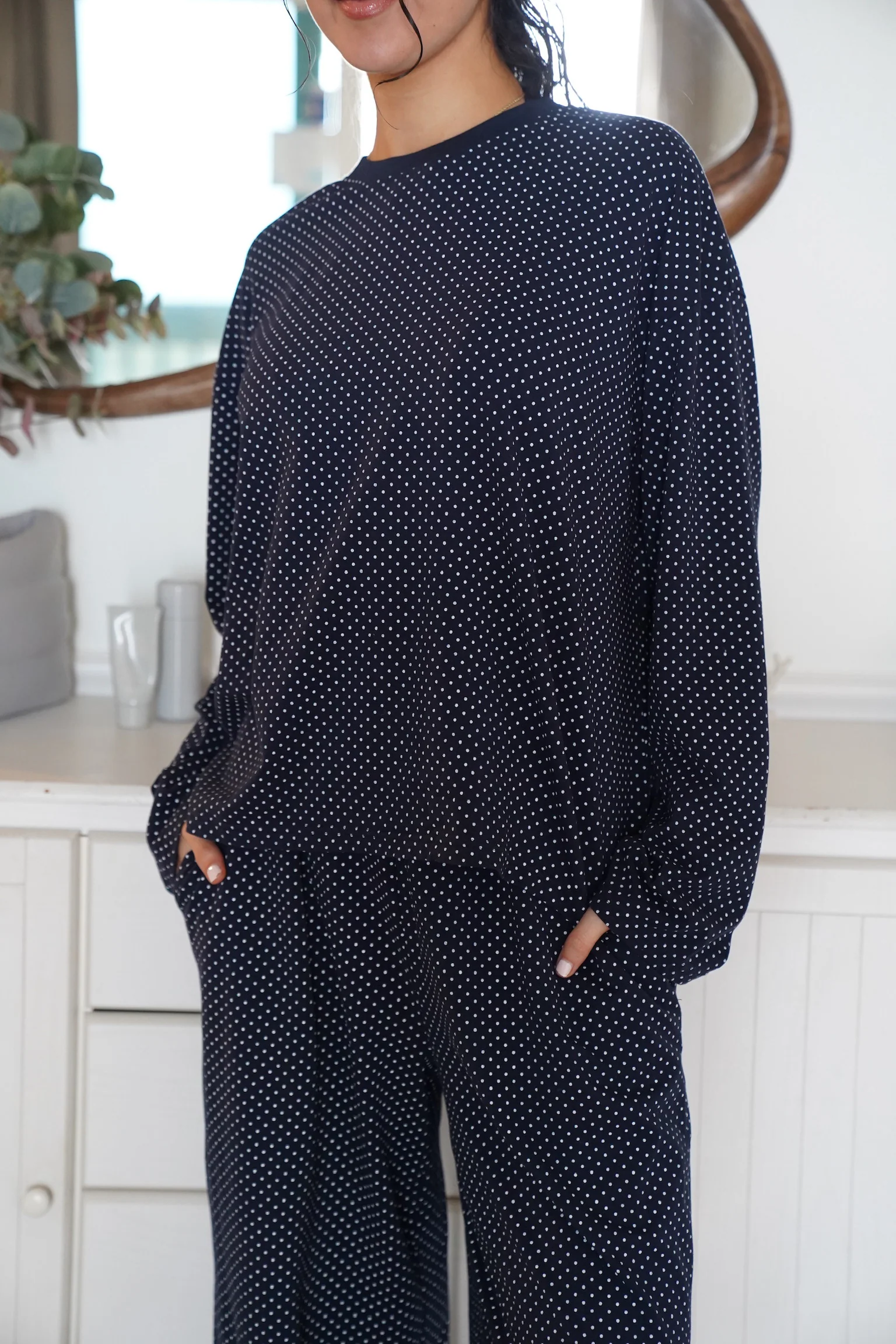 Navy Blue Polka Dot Loungewear Long Sleeve Top - Image 4
