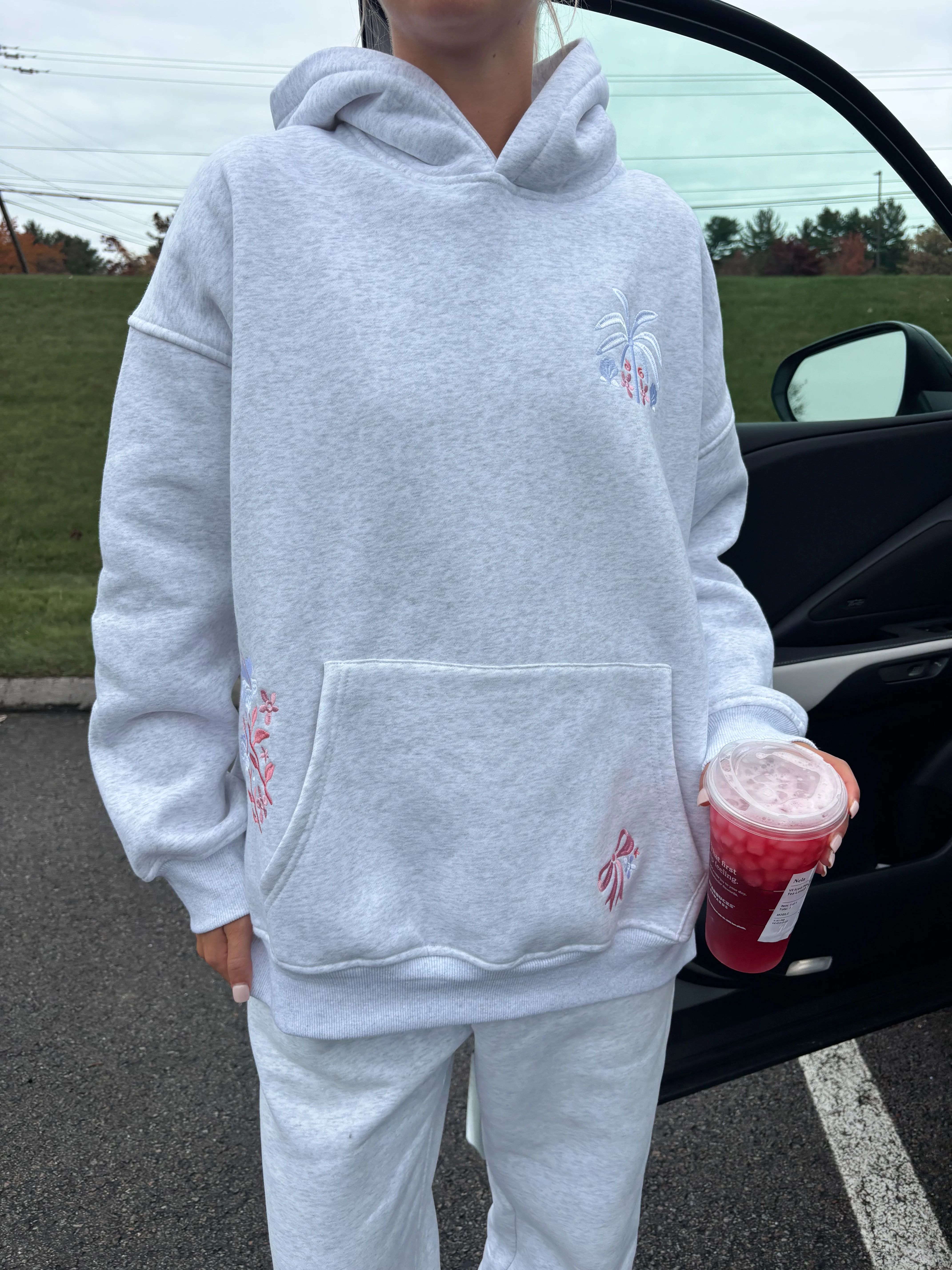 Pearl Grey Tropical Palms Hoodie - Image 12