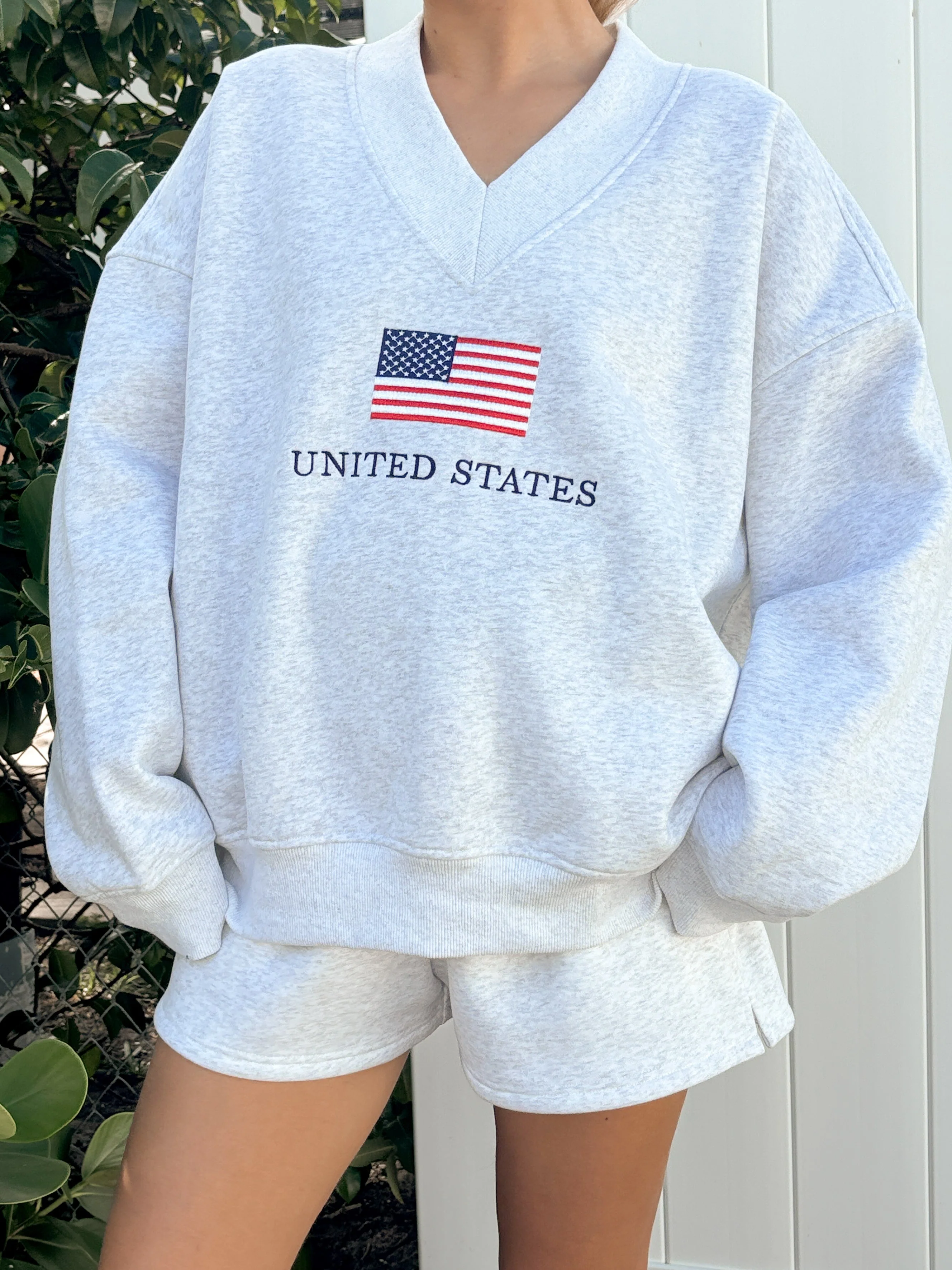 Pearl Grey United States Flag Embroider V-Neck Sweatshirt - Image 5