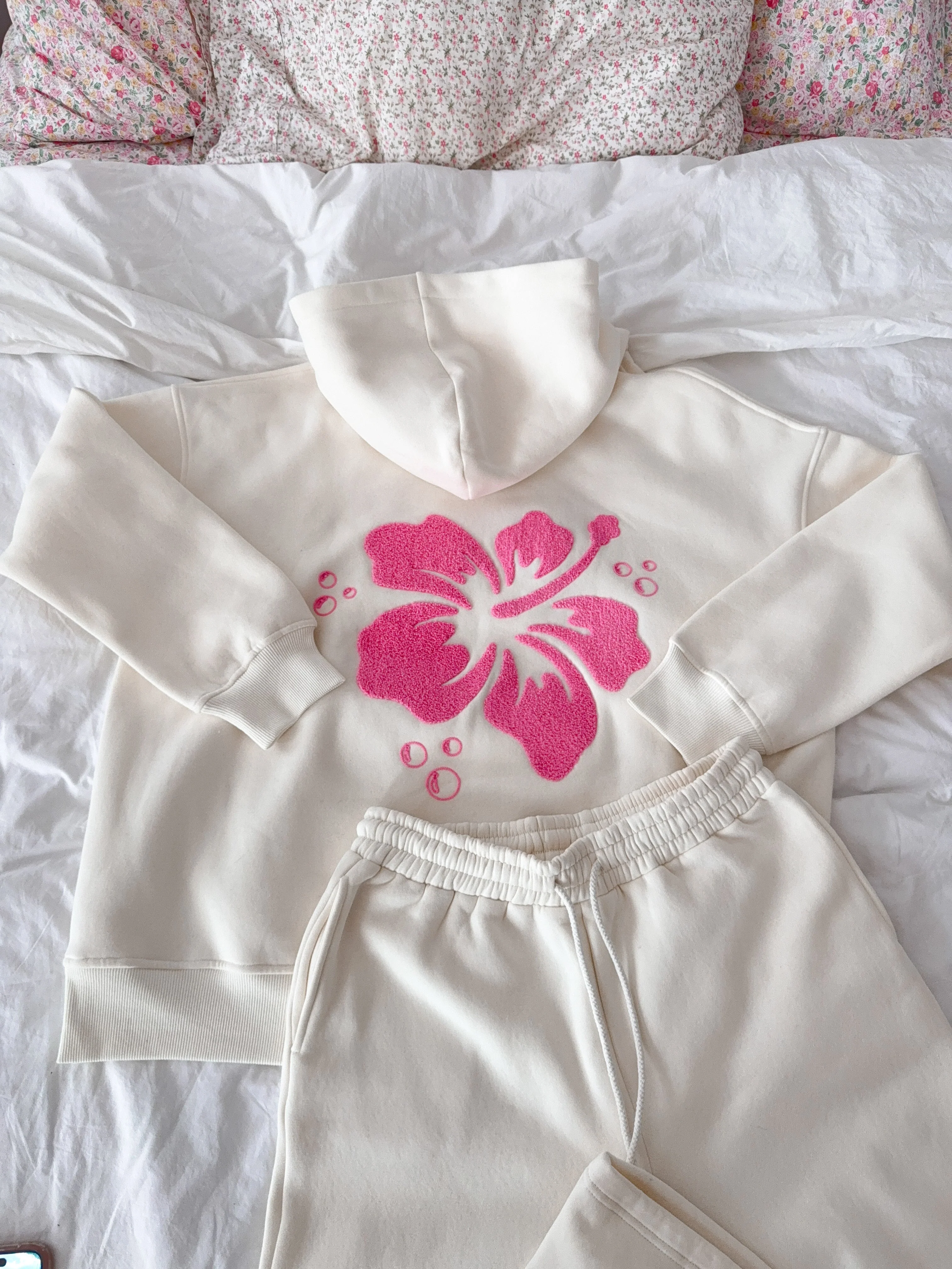 Ivory Hibiscus Flower Hoodie - Image 7