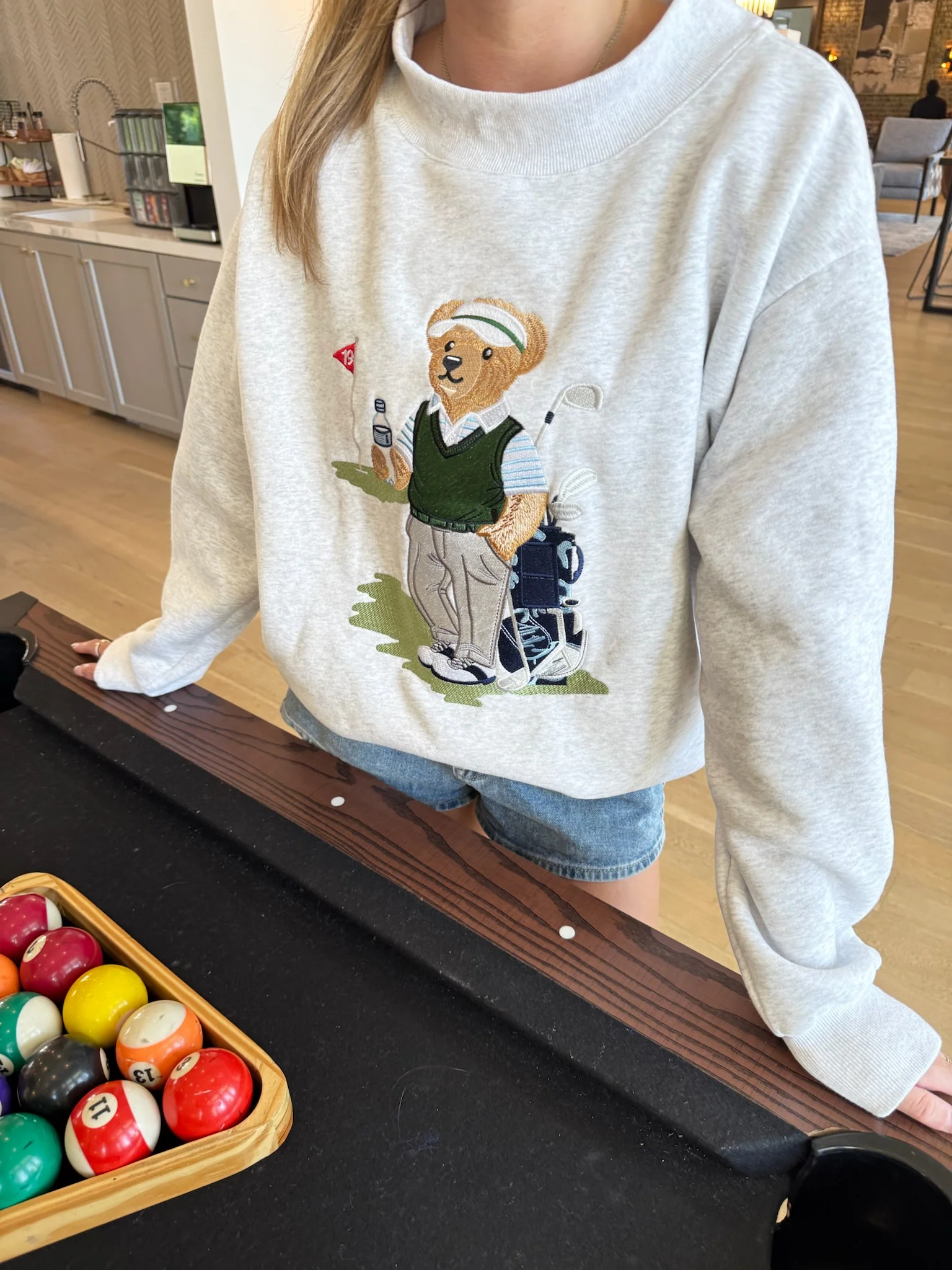 Pearl Grey Old Fashion Teddy Bear Golf Embroider Mockneck Sweatshirt - Image 6